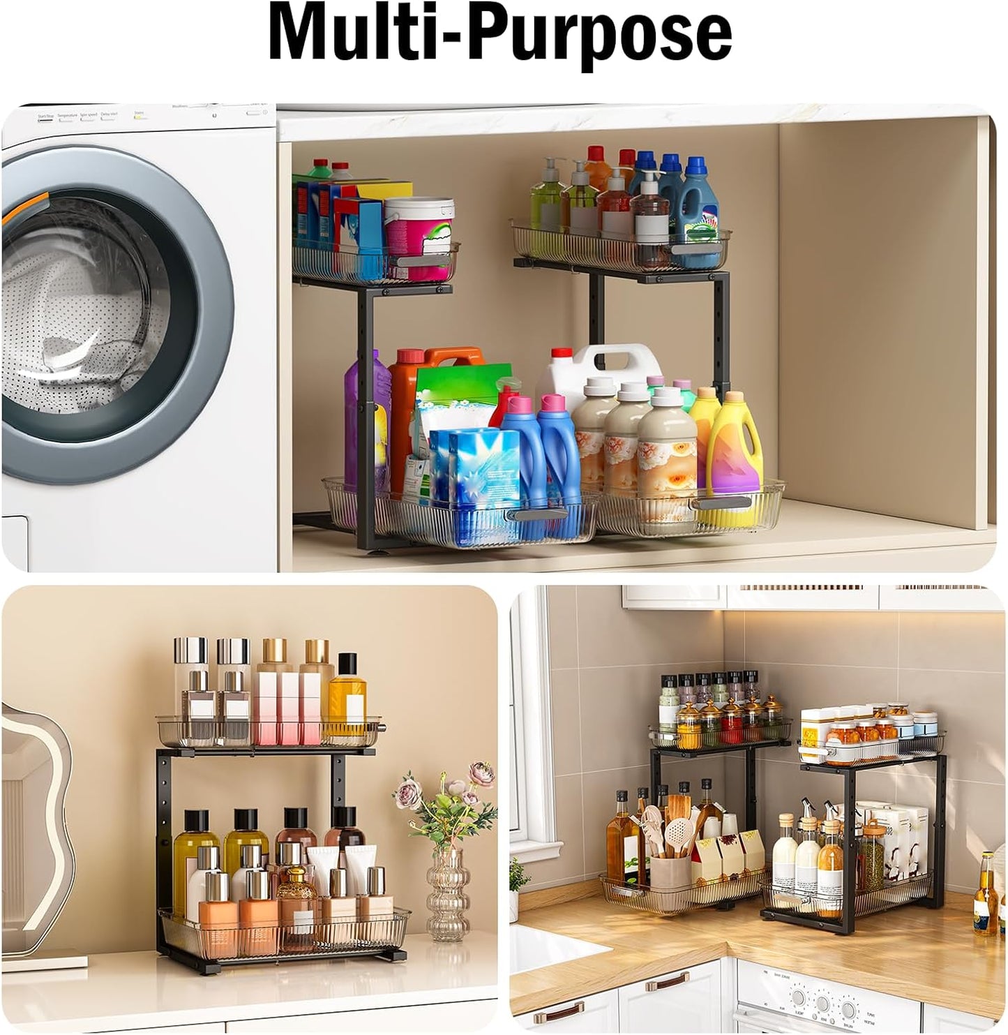 ARSTPEOE 2 Pack Double Sliding Under Sink Organizers and Storage,Two Tier Bathroom Storage and organization,Under Cabinet Organizer, Clear