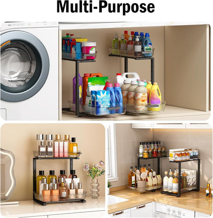 ARSTPEOE 2 Pack Double Sliding Under Sink Organizers and Storage,Two Tier Bathroom Storage and organization,Under Cabinet Organizer, Clear