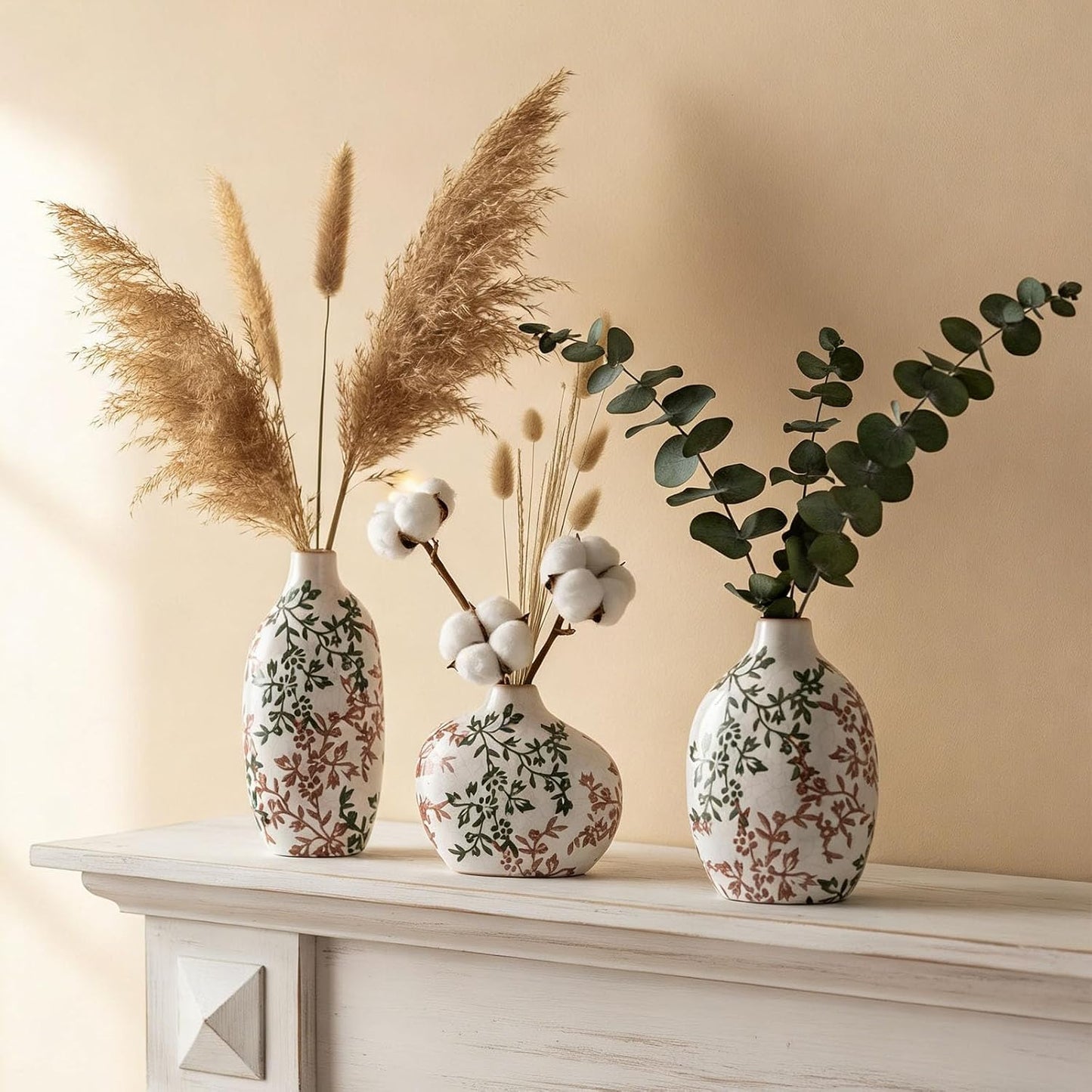 Small Ceramic Vase Set of 3,Bulk Mini Bud Vases for Flowers and Pampas Grass,Cute Boho Ellipse Home Decor for Coffee Table Centerpieces,Living Room,Office,Bookshelf,Entryway Decor (Green Floral)