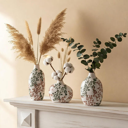 Small Ceramic Vase Set of 3,Bulk Mini Bud Vases for Flowers and Pampas Grass,Cute Boho Ellipse Home Decor for Coffee Table Centerpieces,Living Room,Office,Bookshelf,Entryway Decor (Green Floral)