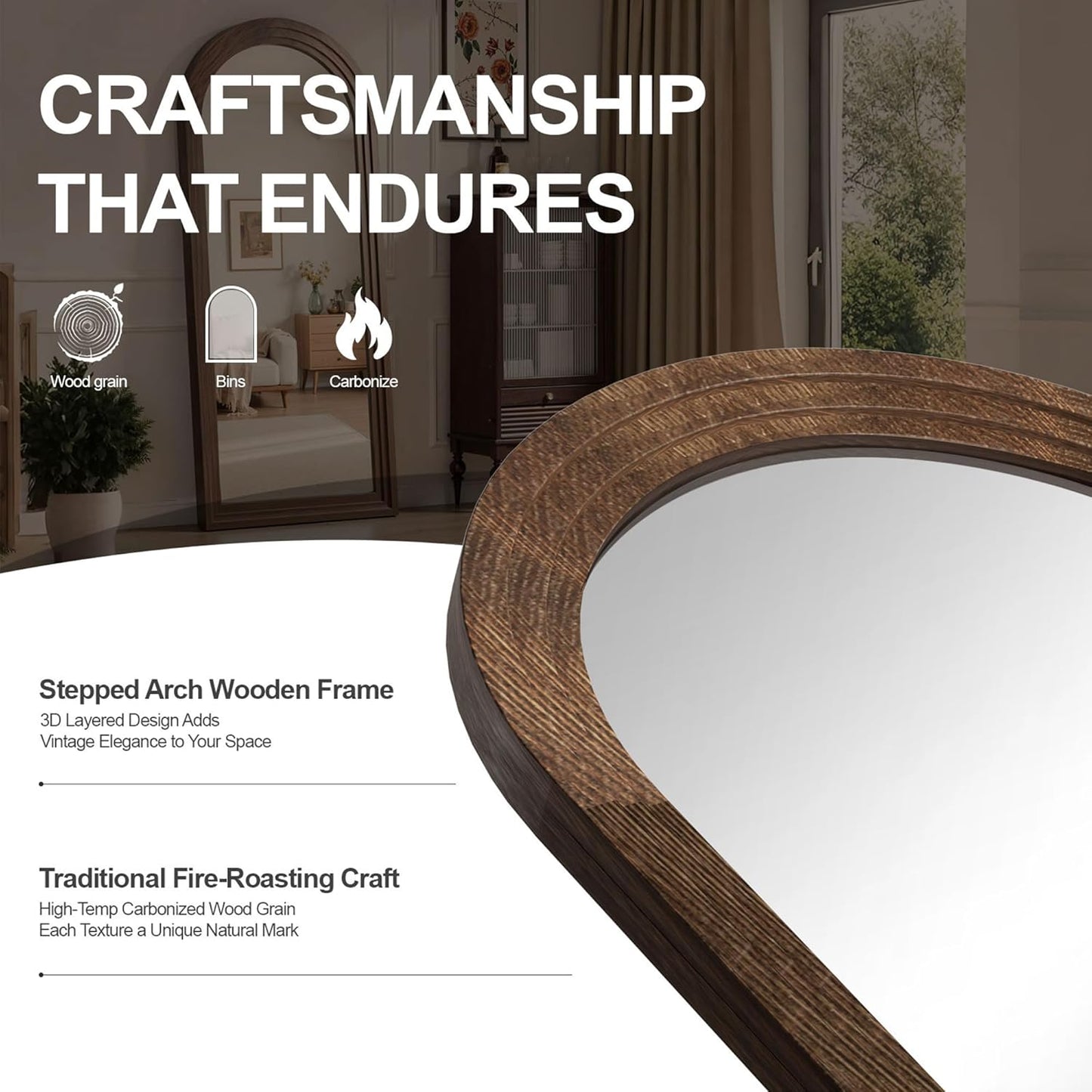 Delma Arched Full Length Floor Mirror with Stand, 75x35 Rustic Farmhouse Solid Wood Frame Wall Mirror for Bedroom, Living Room, Vertical Hanging & Standing(Brown)