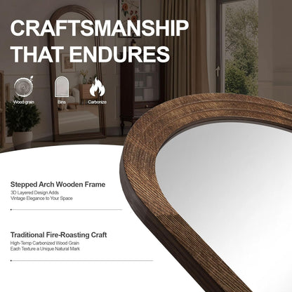 Delma Arched Full Length Floor Mirror with Stand, 75x35 Rustic Farmhouse Solid Wood Frame Wall Mirror for Bedroom, Living Room, Vertical Hanging & Standing(Brown)