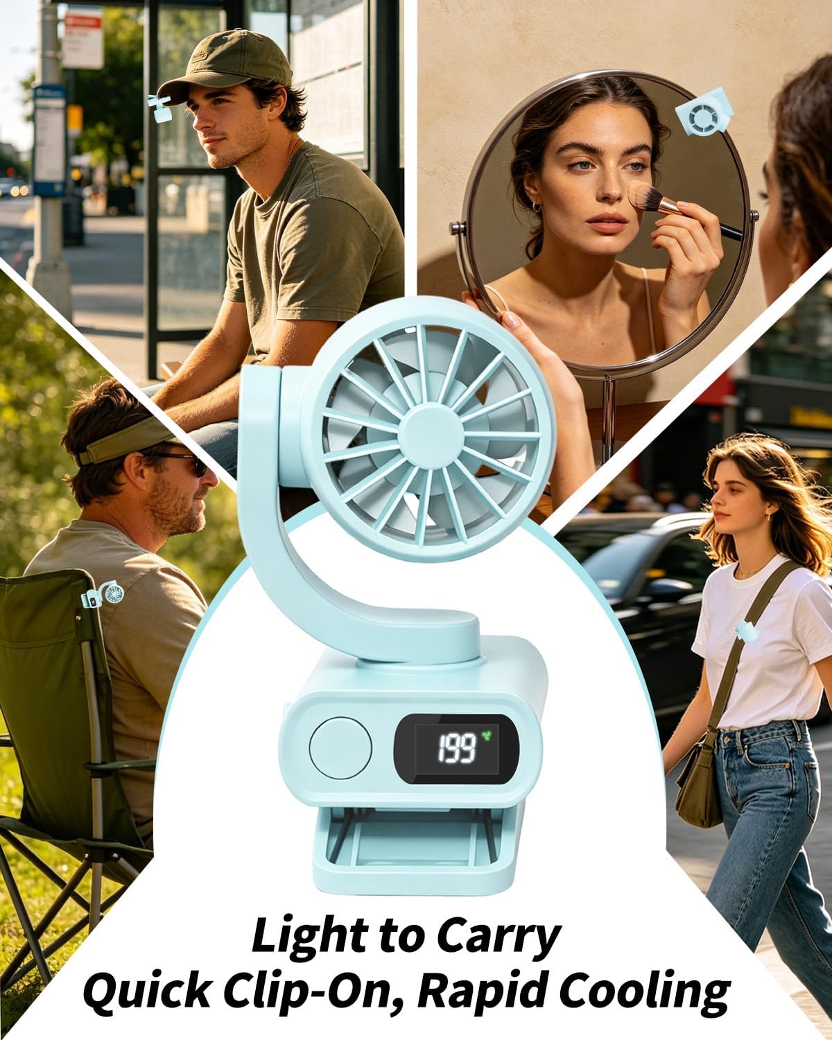 Mini Clip On Fan Portable, Mini Portable Fan with 6 Speeds LED Display, USB-C Rechargeable Small Clip Fan for Outdoor Clips Stroller, Bike, Umbrella Desk, Visor Hat, Sports (White)