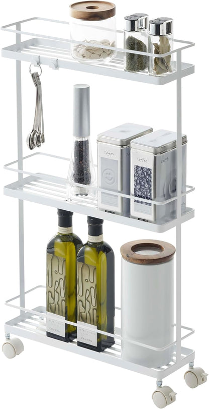 YAMAZAKI Home Tower Rolling Kitchen Island Three Tier Metal Storage Cart - Portable Organizer Shelves Utility Cart, 26" - Steel -