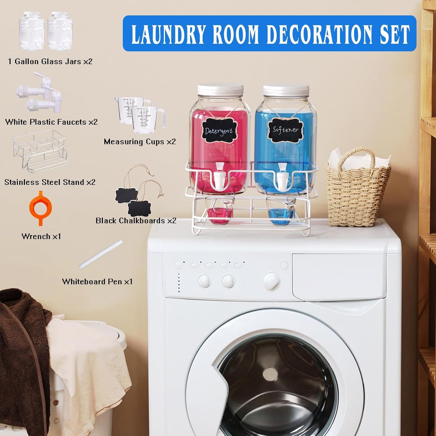 Roetell 2 Sets 1 Gallon Laundry Detergent Dispenser with Stand, Measuring Cup, Glass Laundry Detergent Containr for Laundry Room Organization