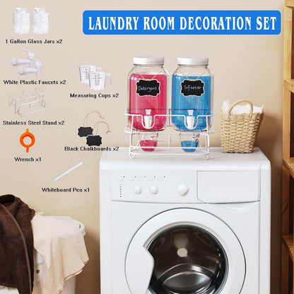 Roetell 2 Sets 1 Gallon Laundry Detergent Dispenser with Stand, Measuring Cup, Glass Laundry Detergent Containr for Laundry Room Organization