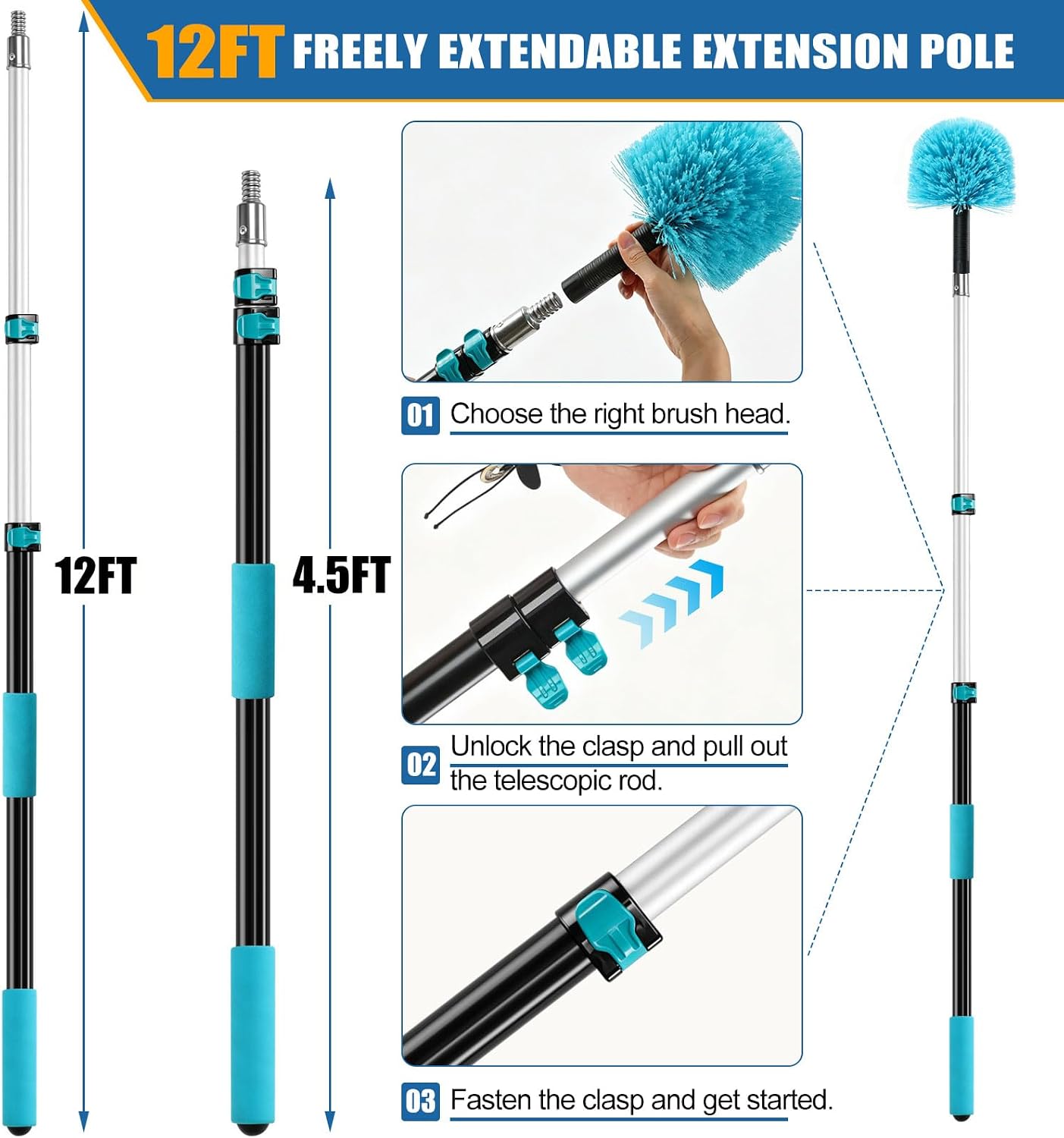 FIDISP 20FT High Ceiling Duster Kit, 4.5–12ft Heavy Duty Extension Pole, 9PCS with Hooks, Telescoping Duster, Fan Cleaner & Web Brush, Commercial/Home Use for Windows, Fans, Ceilings & Outdoor