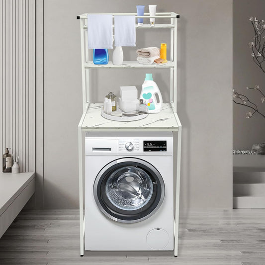 Over The Washer and Dryer Storage Shelf 3-Tier Clothes Drying Rack with Protective Covers Heavy-Duty Space Saver Shelf for Bathrooms, Laundry Rooms, Balconies (White+Marble)