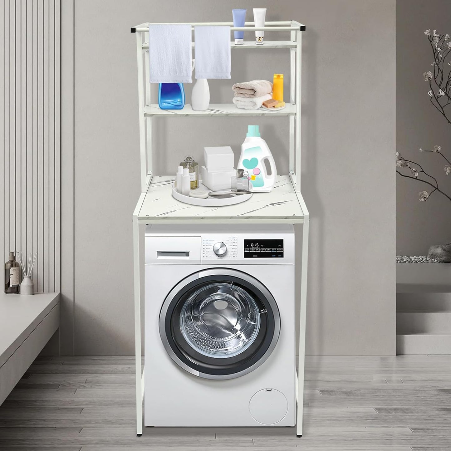 Washer and Dryer Shelves, Washer Dryer Countertop Rack 3 Tiers Laundry Room Storage Organizer Standing Shelf with Hanger Rod, Clothes Drying Rack Space Saving Organizers Shelf (White+Marble Plate)