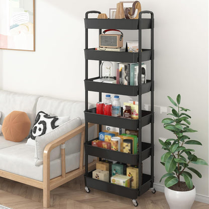 Sywhitta 4-Tier Plastic Rolling Utility Cart with Handle, Multi-Functional Storage Trolley for Office, Living Room, Kitchen, Movable Storage Organizer with Wheels, Black