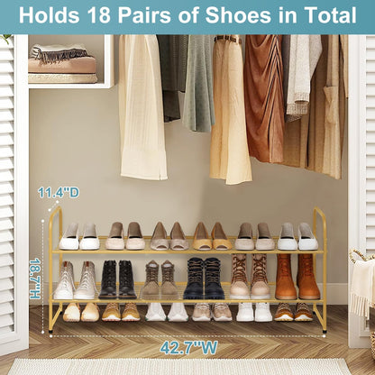 AOODA Long 3 Tier Metal Shoe Rack for Closet Wide Stackable Shoe Storage Organizer for Entryway, Bedroom, Floor, 24-Pairs Men Sneakers Shoe Shelf with Wire Grid, Black