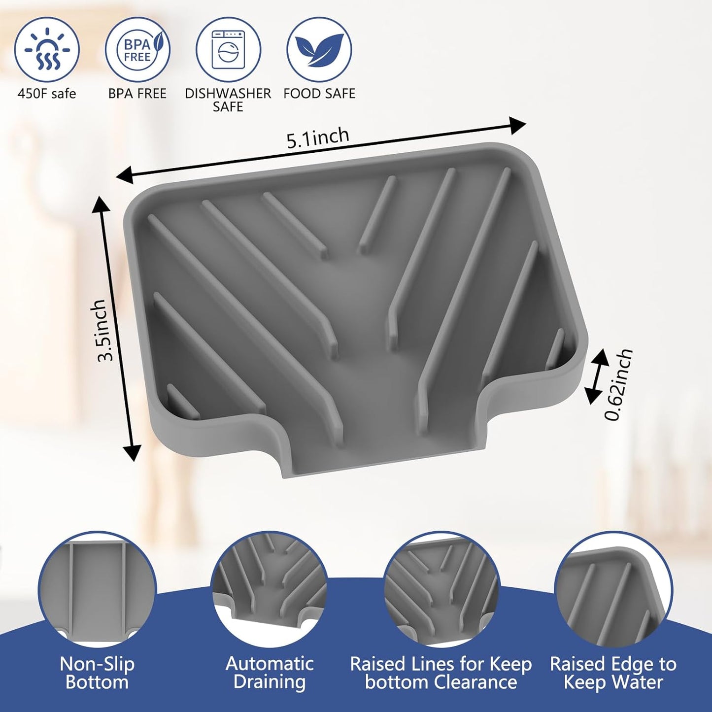 JACZZO Silicone Sponge Holder for Kitchen Sink, (10x4 In) Sink Caddy with Drain Spout, Self Draining Soap Tray & Organizer, Kitchen Accessories,Bathroom Organizer, Easy to Clean (Grey)