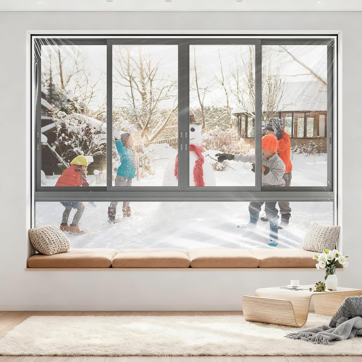 Heavy Duty Window Insulation Kit for Winter - 75 in x 79 in Clear Plastic 180㎛ Thick Shrink Film on Windows and Patio Doors, Reusable Storm Window Kit for Sliding Doors & Large Windows