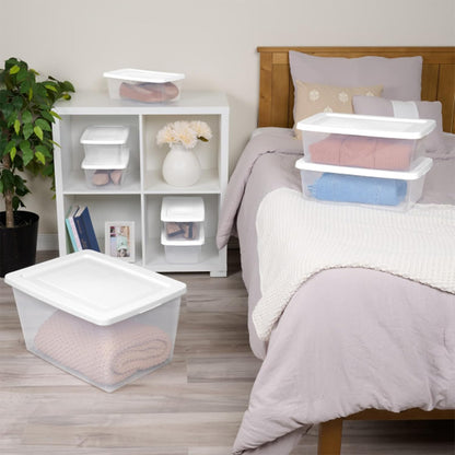 Sterilite 6 Pack Storage Box, 41 Quart Stackable Tote, Clear Plastic Container with Secure Snapping White Lids for Home and Office Organization