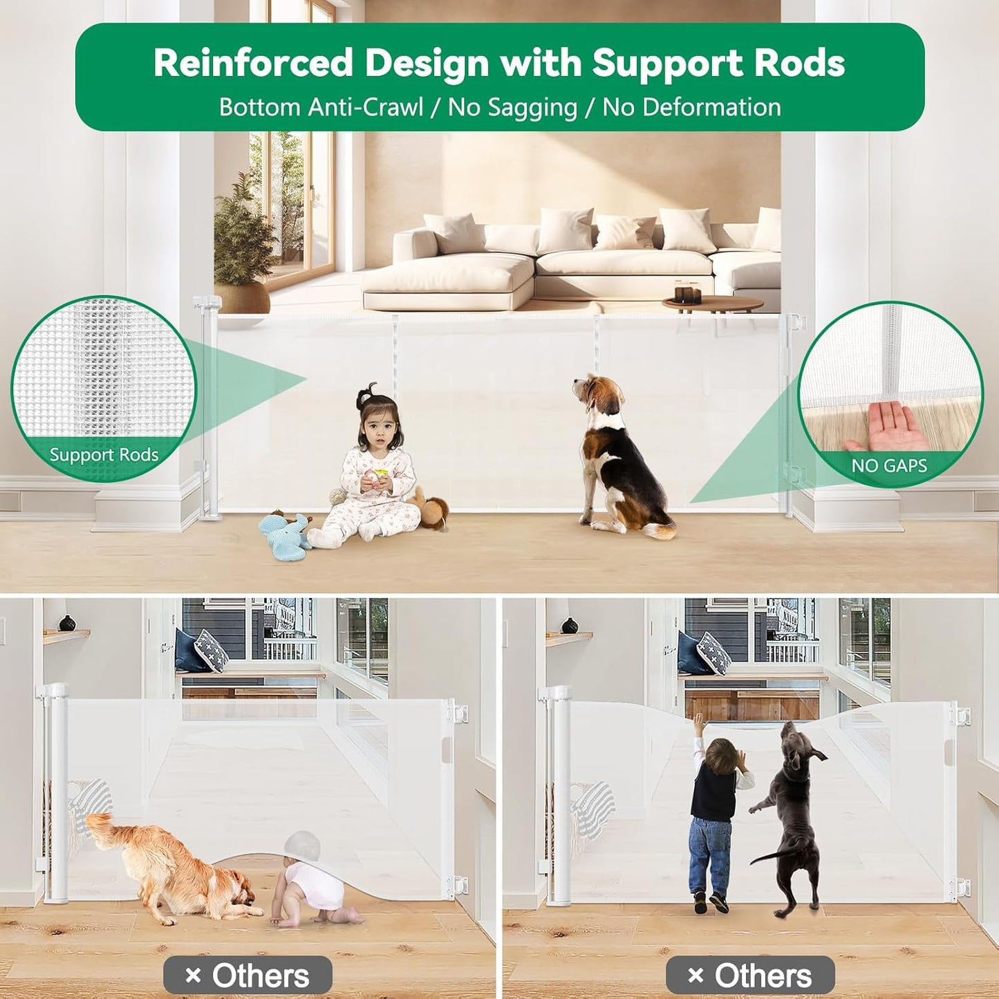 Reinforced 50" Wide Retractable Baby Gates for Doorways, Retractable Dog Gate for Stairs with Support Rods – Prevent Crawling Under, Outdoor Indoor Mesh Baby Gate Retractable Gates for Dogs, White