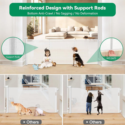 Reinforced 50" Wide Retractable Baby Gates for Doorways, Retractable Dog Gate for Stairs with Support Rods – Prevent Crawling Under, Outdoor Indoor Mesh Baby Gate Retractable Gates for Dogs, White