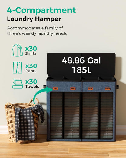 185L Laundry Hamper 3 Section with Lid & Removable Bags | Collapsible laundry basket organizer for laundry room, bedroom & dorm with 3 removable washing bags