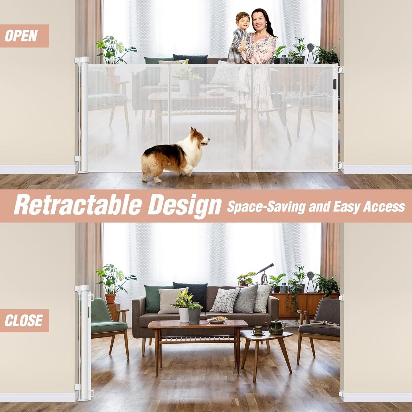 Newly Enhanced - 42" Tall × 120" Extra Wide Retractable Baby Gate Keeps Pets from Getting Under Tall Dog Gate, Indoor/Outdoor Baby Gates for Dogs, Retractable Dog Gate for Large Openings, White