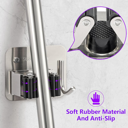 Stainless Steel Broom Holder, Heavy Duty, Rust Resistant, 4 Gripper Positions with 4 Hooks, Black