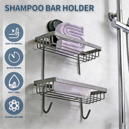 Shampoo Bar Holder Compatible with Kitsch, 2-Tier Self-Draining Shower Caddy with Suction Cup, Hanging Shampoo Bar and Conditioner Organizer with 2 Hooks, Rust-Free Bathroom Wall Accessories
