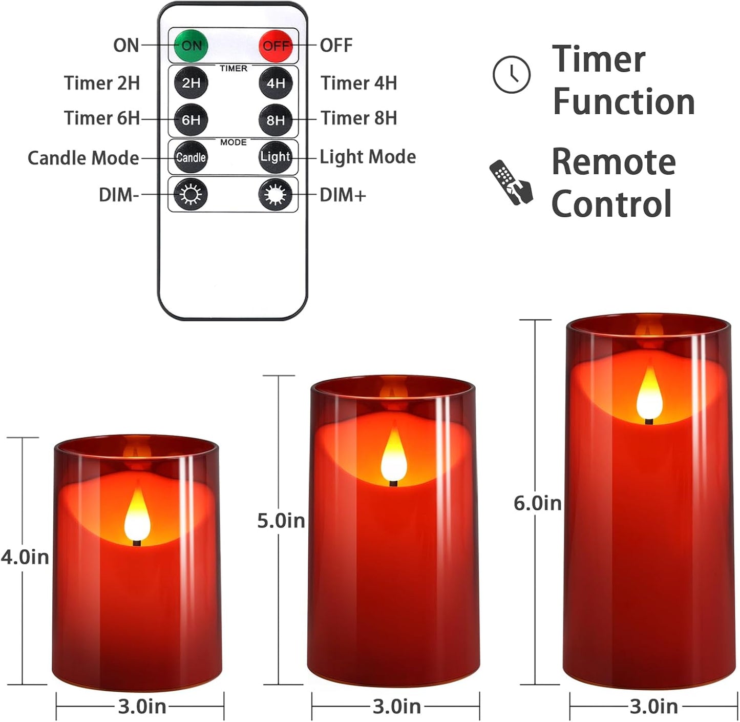 NURADA Flameless Candles with Remote Timer - Glass Real Wax 3D Wick LED Pillar Votive Candle Set Battery Operated Flickering Light for Home Christmas Decoration - White 3 Pack