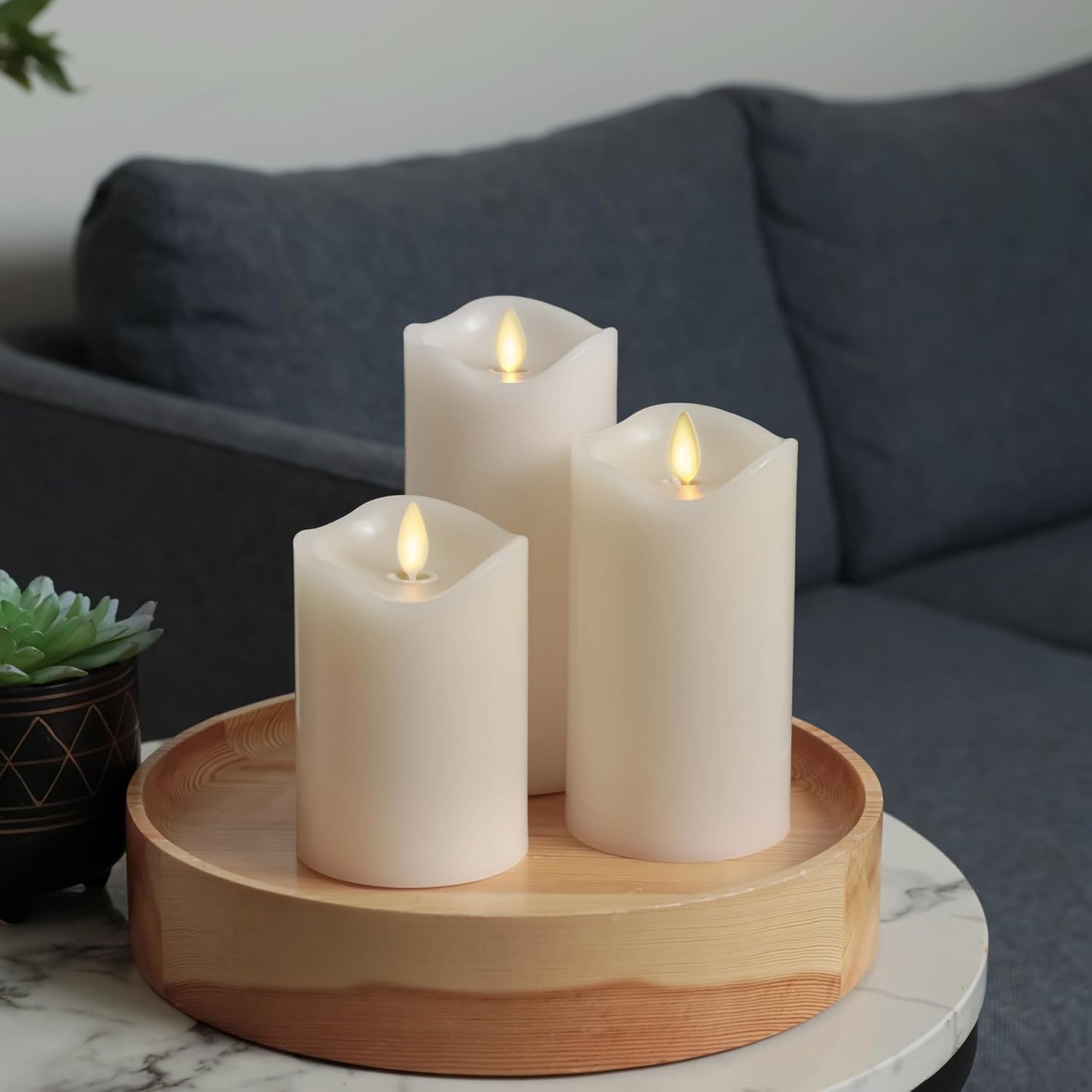 Matchless Candle Co. by Luminara Set of 3 Flameless LED Flickering Moving Flame Pillars (3" x 4.5", 5.5", 6.5"), Melted Unscented Real Wax Edge w/Smooth Finish, AA Battery Operated, Pearl Ivory