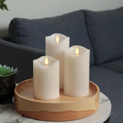 Matchless Candle Co. by Luminara Set of 3 Flameless LED Flickering Moving Flame Pillars (3" x 4.5", 5.5", 6.5"), Melted Unscented Real Wax Edge w/Smooth Finish, AA Battery Operated, Pearl Ivory