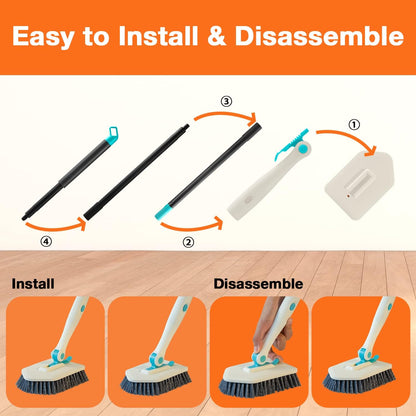 3 in 1 Scrub Cleaning Brush with Long Handle 51'' - Shower Bathtub Tub & Tile Scrubber Brush Include 1 Stiff Brush Head & 3 Scouring Pads & 3 Microfiber Clothes, for Wall Bathroom Glass Bathtub(White)