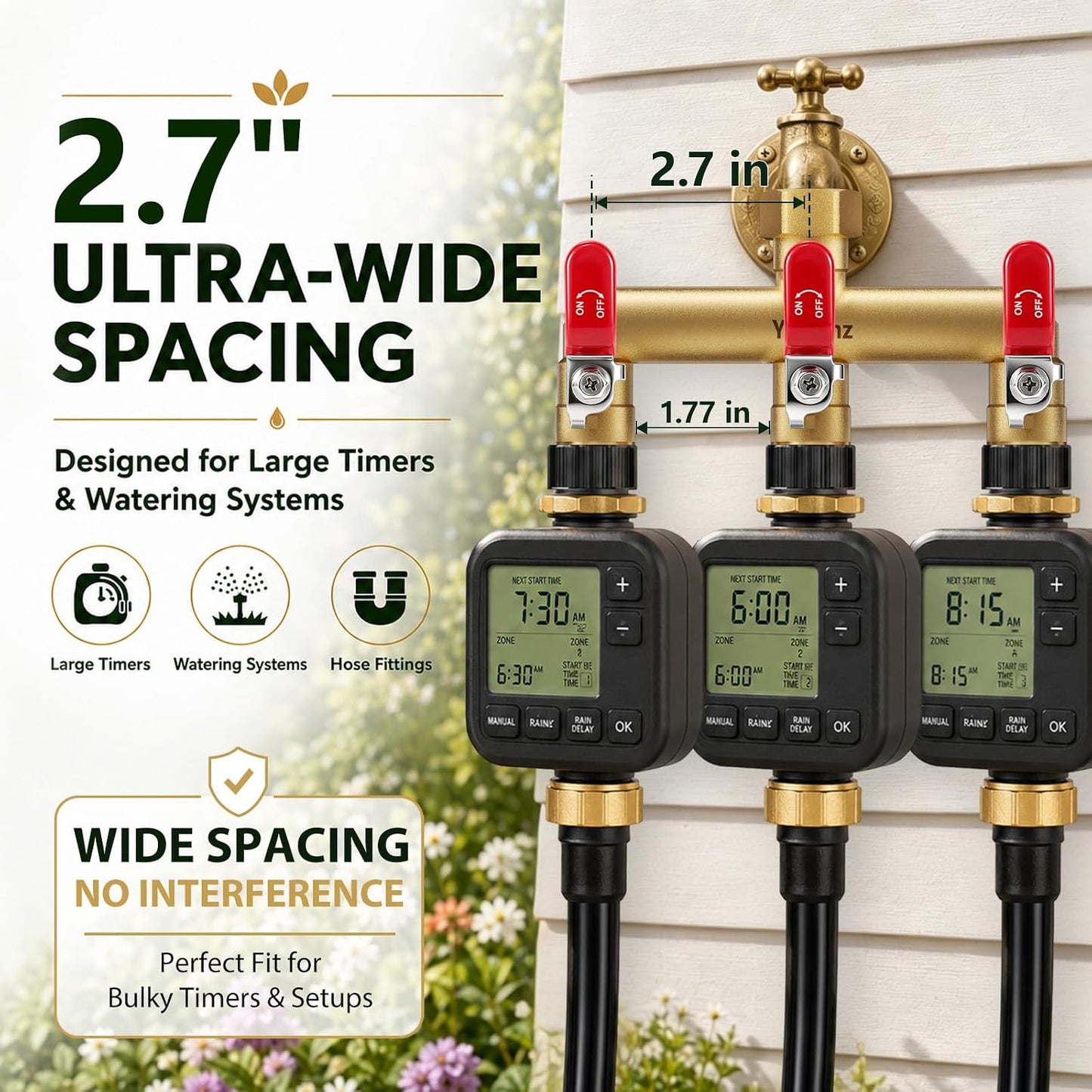 Garden Hose Splitter 3-Way, Heavy Duty Brass Hose Splitter | Outdoor Water Spigot Splitter, Full Flow, Long Handles, Shut-off Valves, Wide Spacing Fit Large Timer