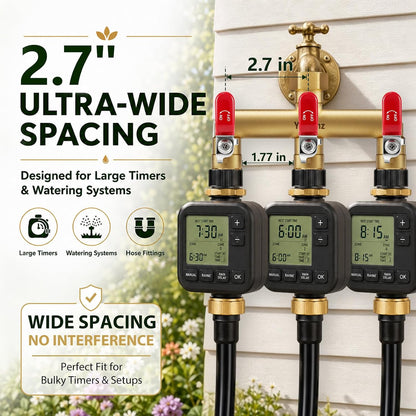 Garden Hose Splitter 3-Way, Heavy Duty Brass Hose Splitter | Outdoor Water Spigot Splitter, Full Flow, Long Handles, Shut-off Valves, Wide Spacing Fit Large Timer