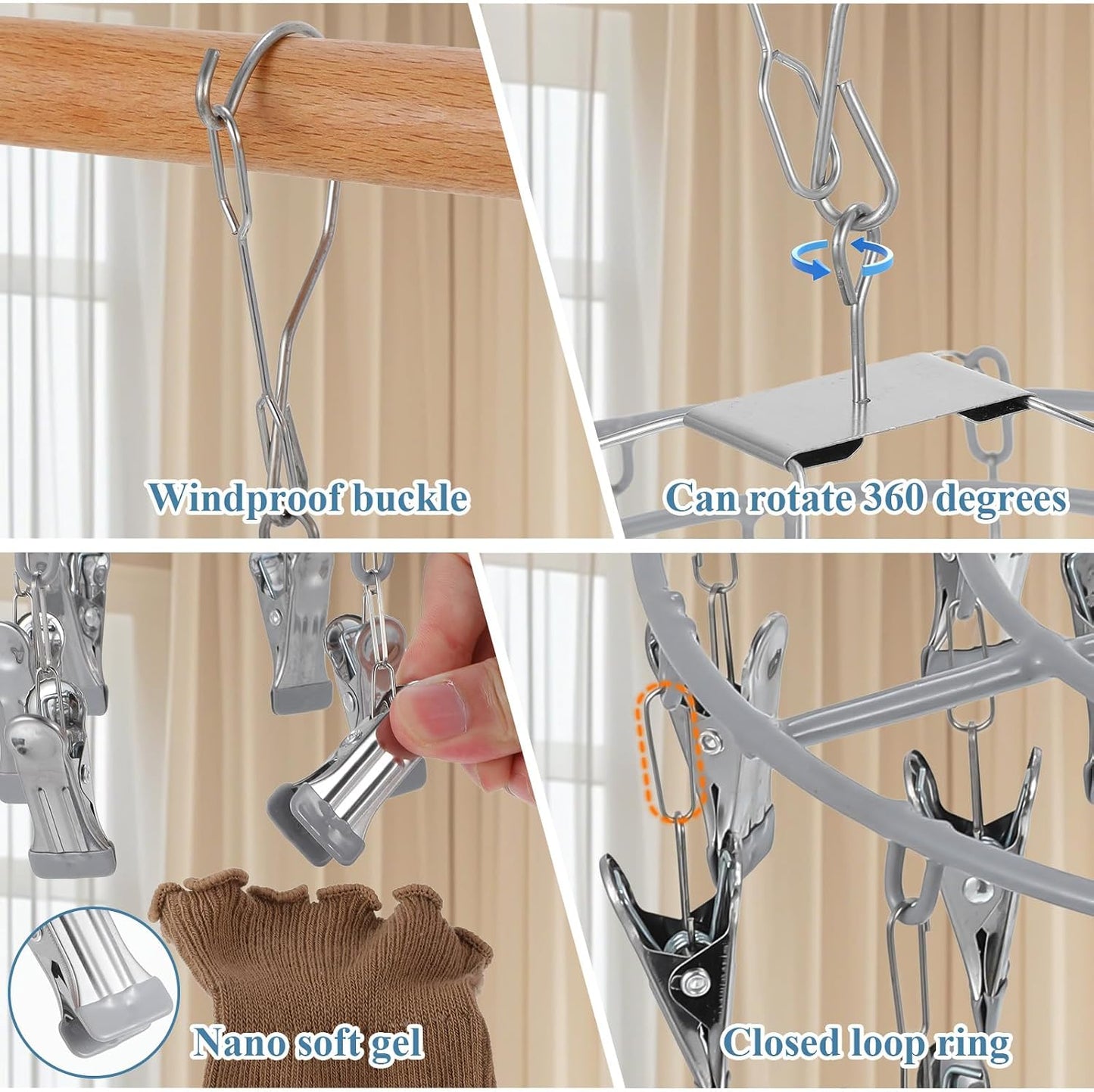 3 Pack Stainless Steel Foldable Round Hanging Drying Rack with 24 Clips, Swivel Hook Wind-Proof Clothes Hanger, Clothes Drying Rack for Laundry, Sock, Bras, Underwear, Laundry Accessories