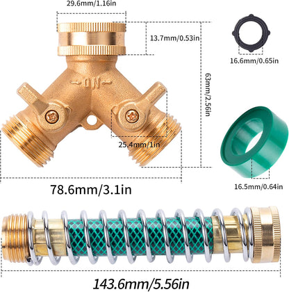 ORAEVY Brass 2 Way Hose Splitter, 3/4" Brass Y Way Garden Hose Connector with 2 Pcs Garden Hose Extension Adapter and 6 Rubber Washers