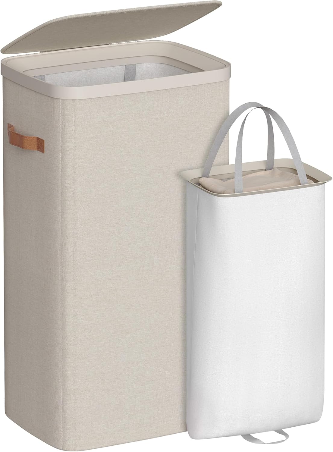 SONGMICS Laundry Basket, 50.2 Gal. Laundry Hamper, 3 Compartments, Easy Assembly, with Lid and Handles, Removable Liners, 25.2 x 15.7 x 29.5 Inches, Cappuccino Beige ULCB814LH01