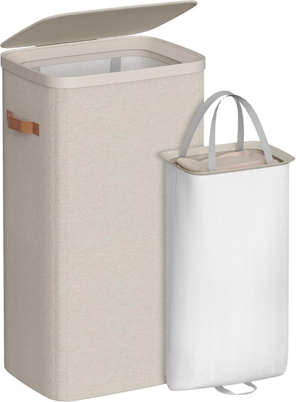 SONGMICS Laundry Basket, 50.2 Gal. Laundry Hamper, 3 Compartments, Easy Assembly, with Lid and Handles, Removable Liners, 25.2 x 15.7 x 29.5 Inches, Cappuccino Beige ULCB814LH01