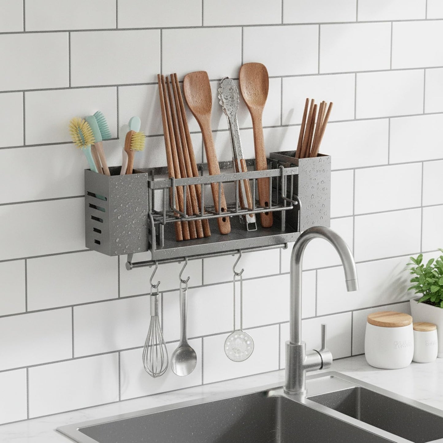 Wall-Mounted Storage Organizer for Kitchen Utensils, Compact Organizer with Chopstick Holder and Hanging Rod, PP Plastic, 13 x 3.3 x 1.6 Inches (1 PC)