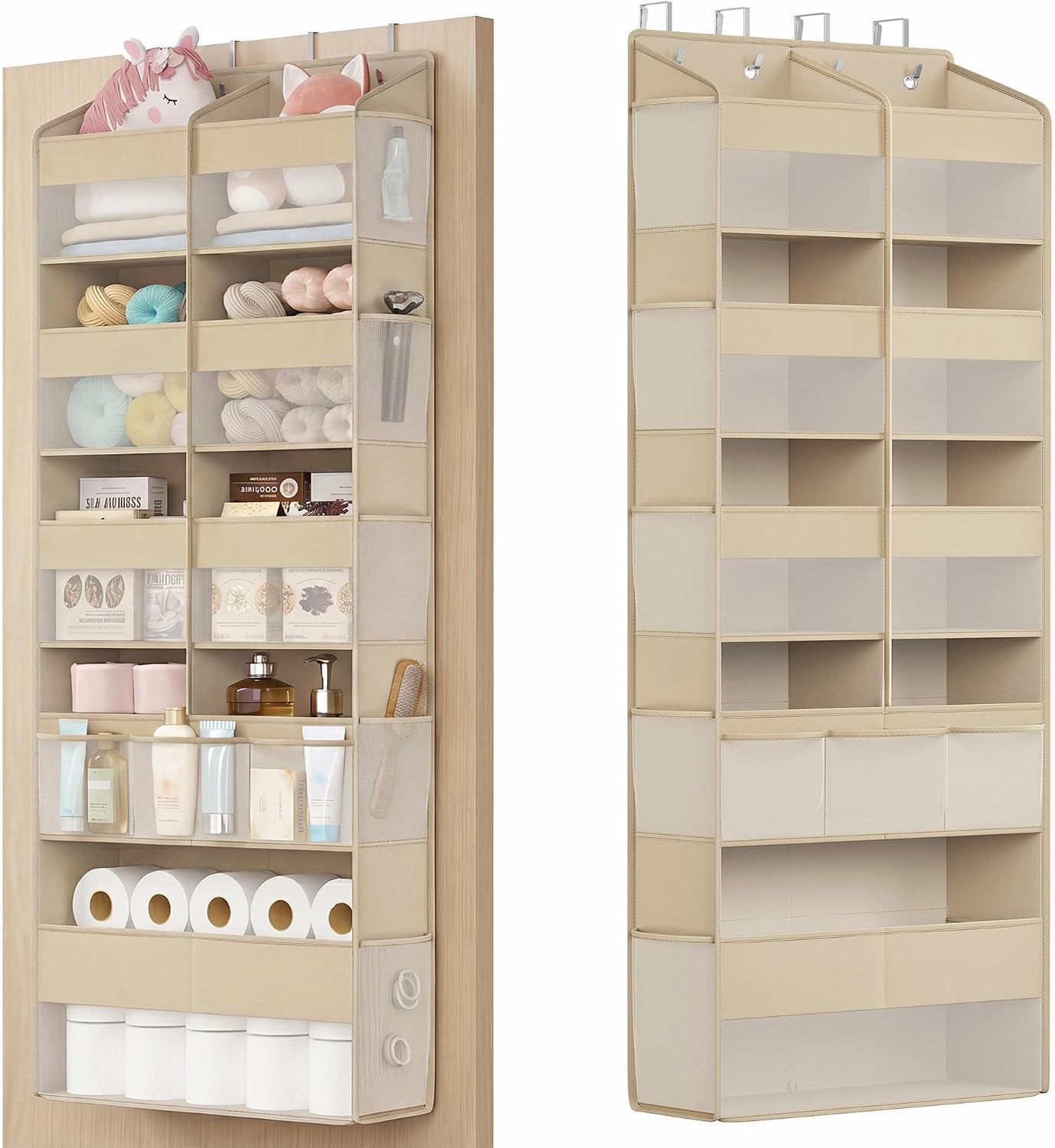 SONGMICS Over-the-Door Organizer, 9-Compartment Door Hanging Storage Shelf, Foldable Closet Hanging Organizer, Heavy-Duty, Metal Hooks, Transparent, Dove Gray URDH009GD01