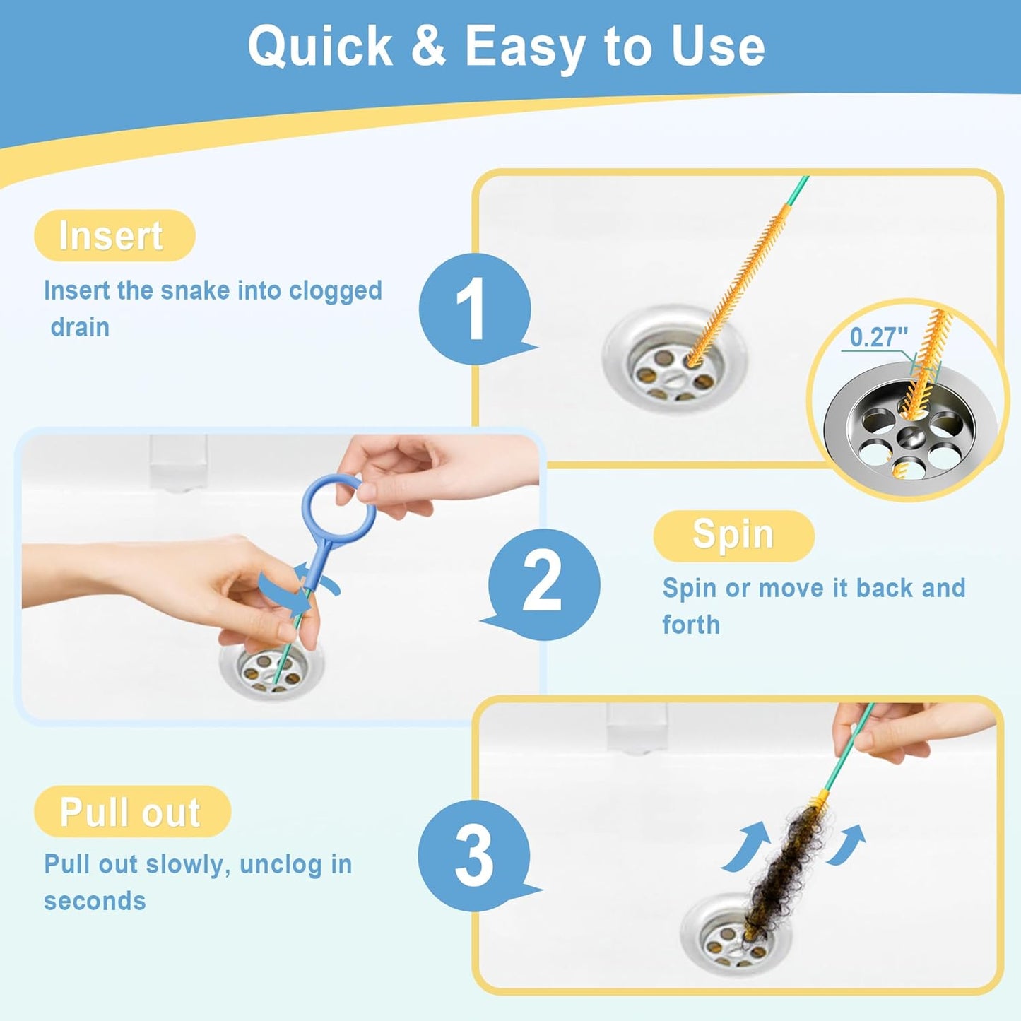 Sink Snake Drain Hair Removal Tool, Reusable 50 Inch Extended Drain Snake Tool Clog Remover, Anti-break Metal Shower Plumbing Snake Drain Cleaner for Bathtub, Bathroom Sink Pipe Cleaning (3 Pack)