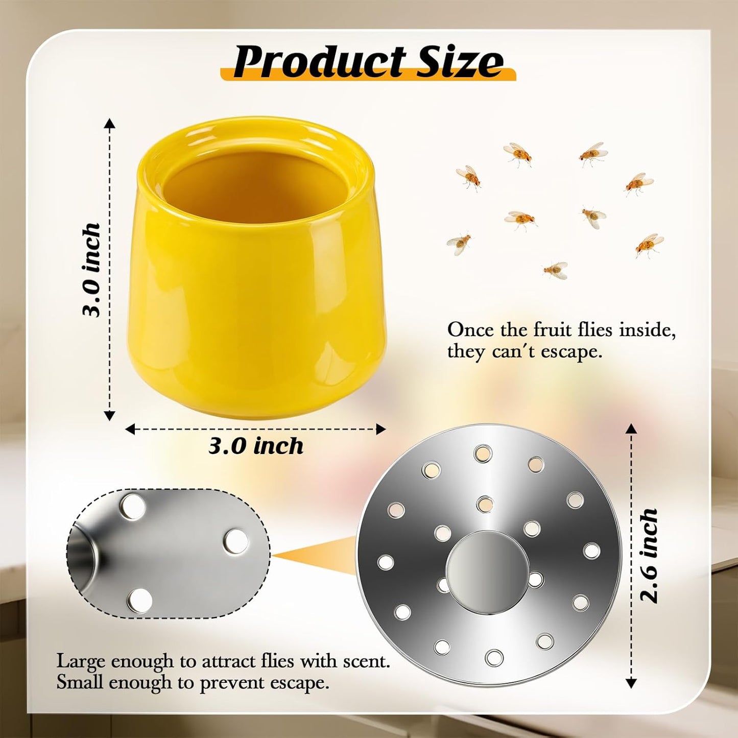 Ceramic Fruit Fly Trap for Indoors, Reusable Kitchen Fly Catcher with Stainless Steel Vent Lid, Uses Safe & Natural Vinegar Bait Trap, Dishwasher Safe, Easy to Use (White,1 Pack)