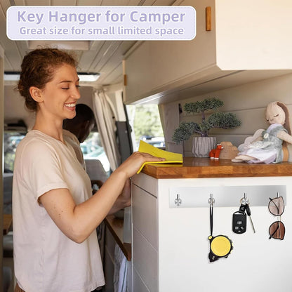 VIS'V Key Holder Wall Mount, Large Adhesive Key Hanger with 4 Hooks, Black | Metal Material, No Drilling, Extra Adhesive Strip, Suitable for Entryway, Hallway, Doorway, Kitchen, Garage, Camper