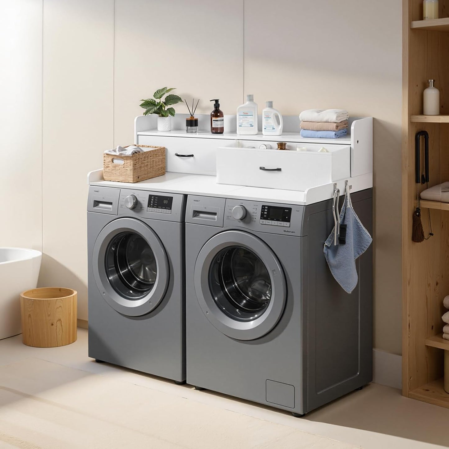 VEVOR Washer Dryer Countertop with 2-Tier Shelf, 54" x 27" Wooden Washer and Dryer Countertop with Anti-Slip Pads, Water-Resistant Laundry Topper Cover for Laundry Room Organization and Storage, Black