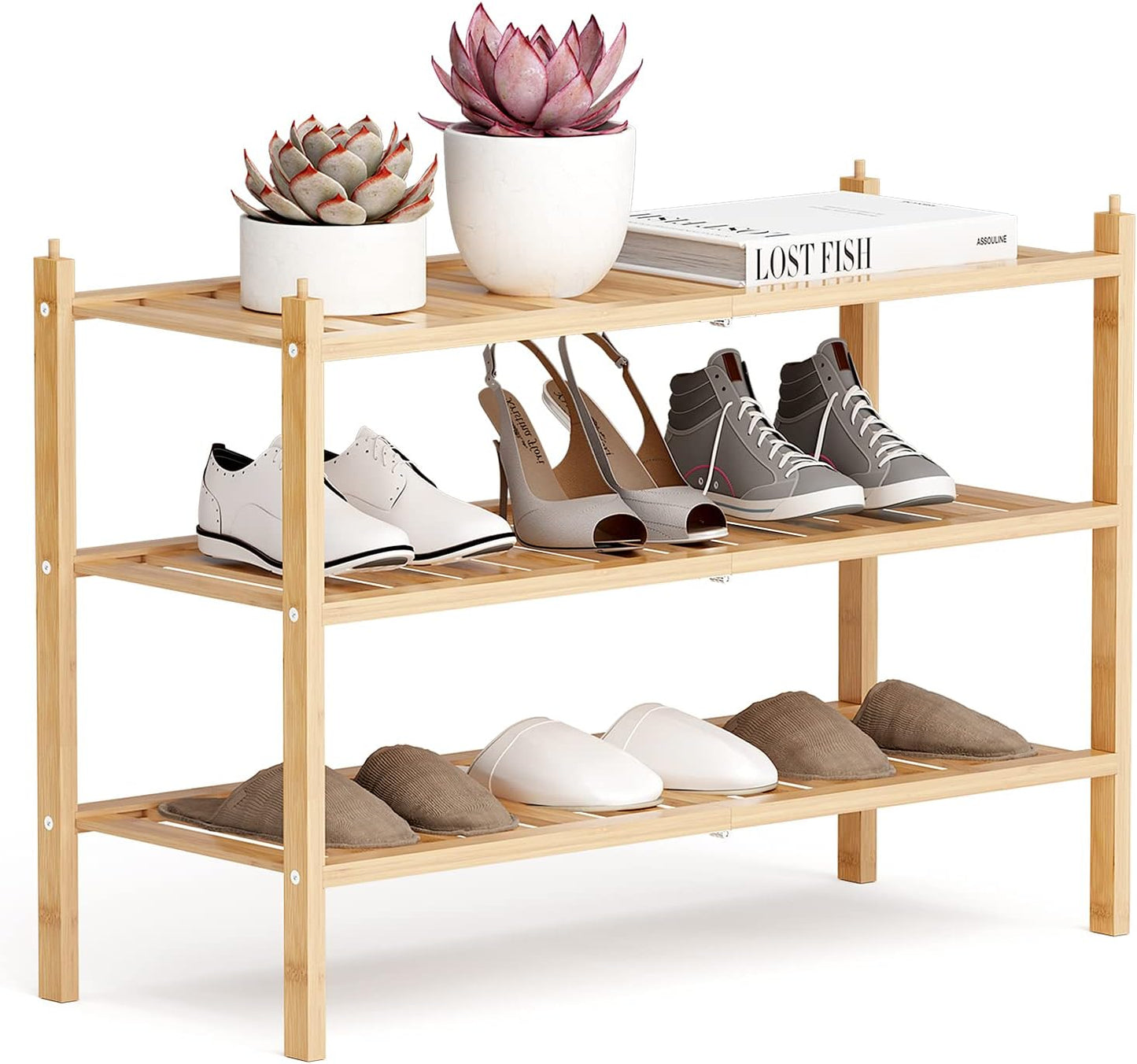 Dranixly Shoe Rack, 2-Tier Bamboo Stackable Shelf Storage Organizer, Stand for Closet, Entryway, Hallway, Bathroom and Living Room（Natural）