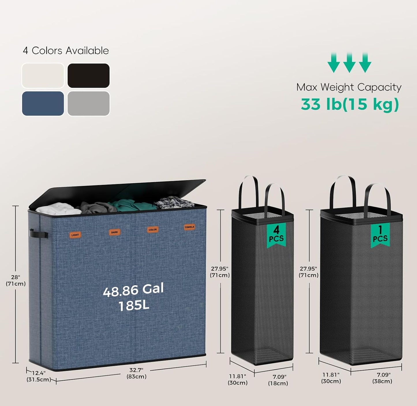 185L Laundry Hamper 3 Section with Lid & Removable Bags | Collapsible laundry basket organizer for laundry room, bedroom & dorm with 3 removable washing bags