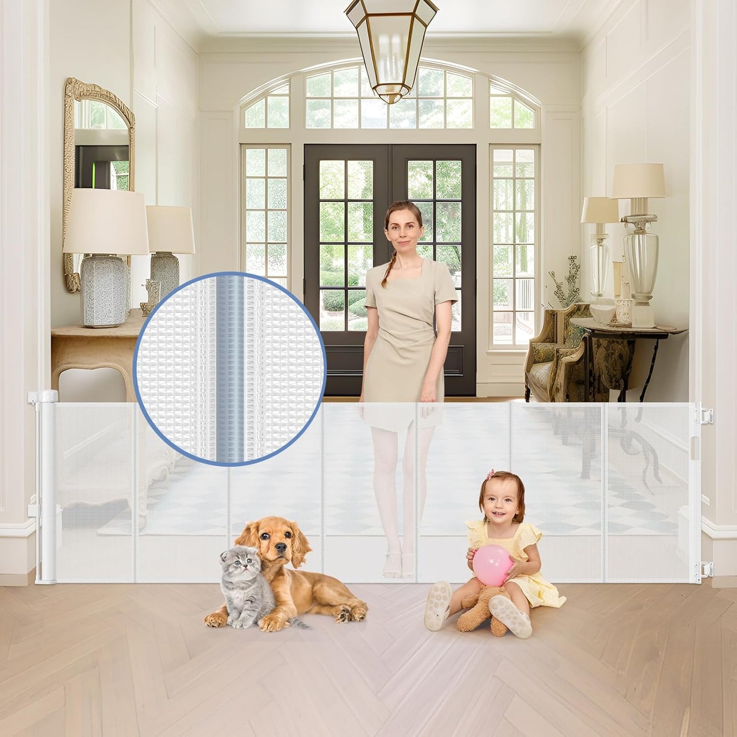 Reinforced Retractable Baby Gates with Support Beam 60" Wide Retractable Dog Gate Indoor Prevent Children and Dogs from Crawling Under Outdoor Dog Gate for Deck Mesh Gates for Kids or Pets, Black