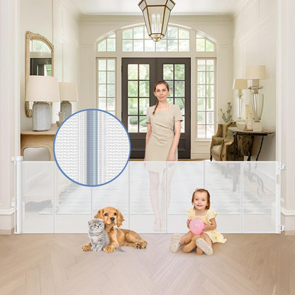 Reinforced Retractable Baby Gates with Support Beam 60" Wide Retractable Dog Gate Indoor Prevent Children and Dogs from Crawling Under Outdoor Dog Gate for Deck Mesh Gates for Kids or Pets, Black