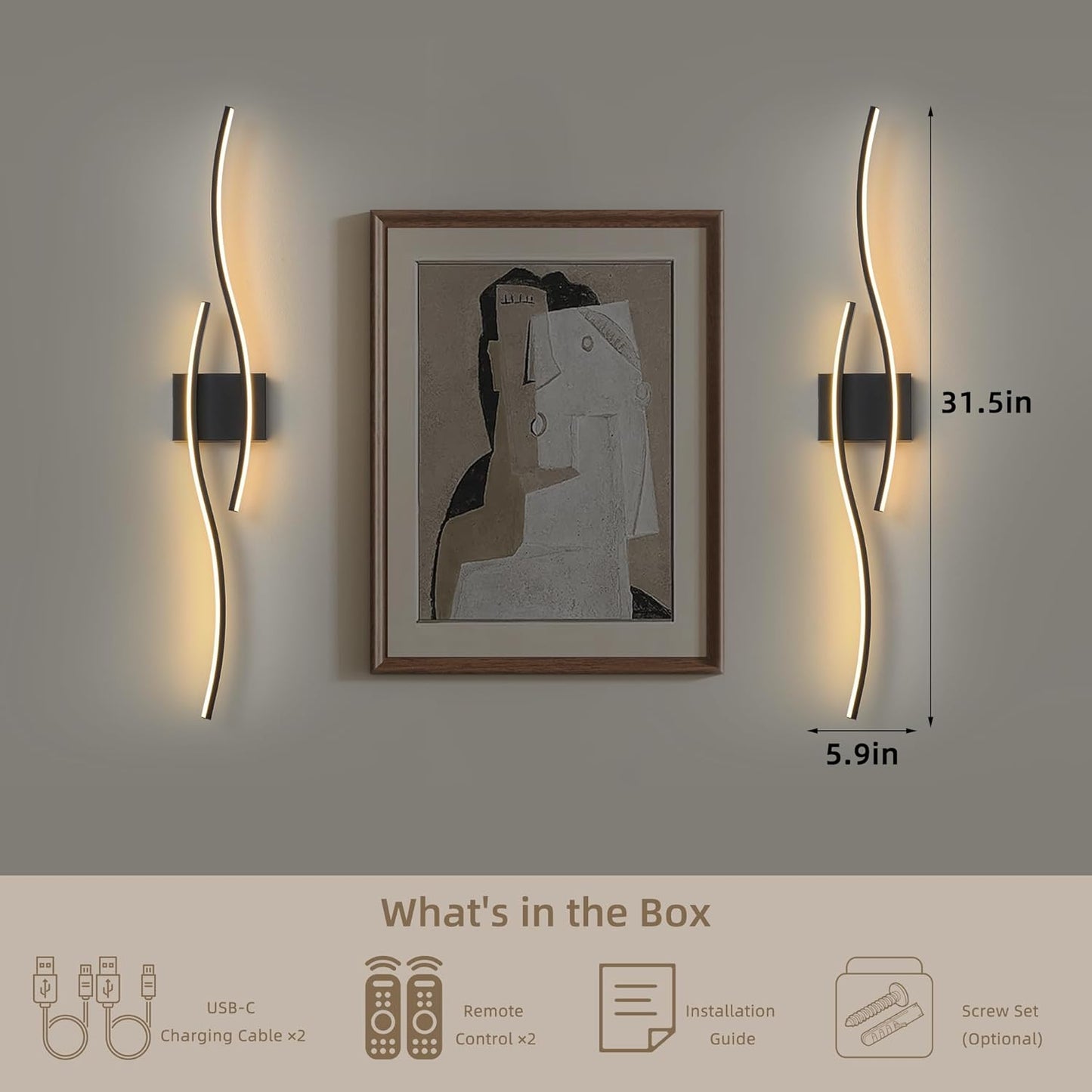 Battery Operated Wall Sconce Set of 2, Dimmable Modern LED Wireless Wall Light with Remote Control, Sconce Wall Decor for Living Room, Hallway, Quick Install, No Electrician Required