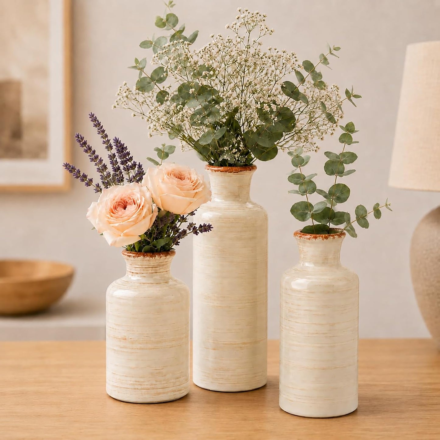 TBWIND Ceramic Vases Set of 3, Neutral Pottery Rustic Farmhouse Flower Vase | Small Decorative Flower Vases Modern Home Decor for Table Mantel Entryway Bookshelf Living Room Kitchen Bedroom