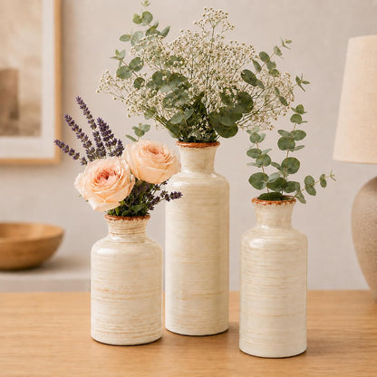 TBWIND Ceramic Vases Set of 3, Neutral Pottery Rustic Farmhouse Flower Vase | Small Decorative Flower Vases Modern Home Decor for Table Mantel Entryway Bookshelf Living Room Kitchen Bedroom