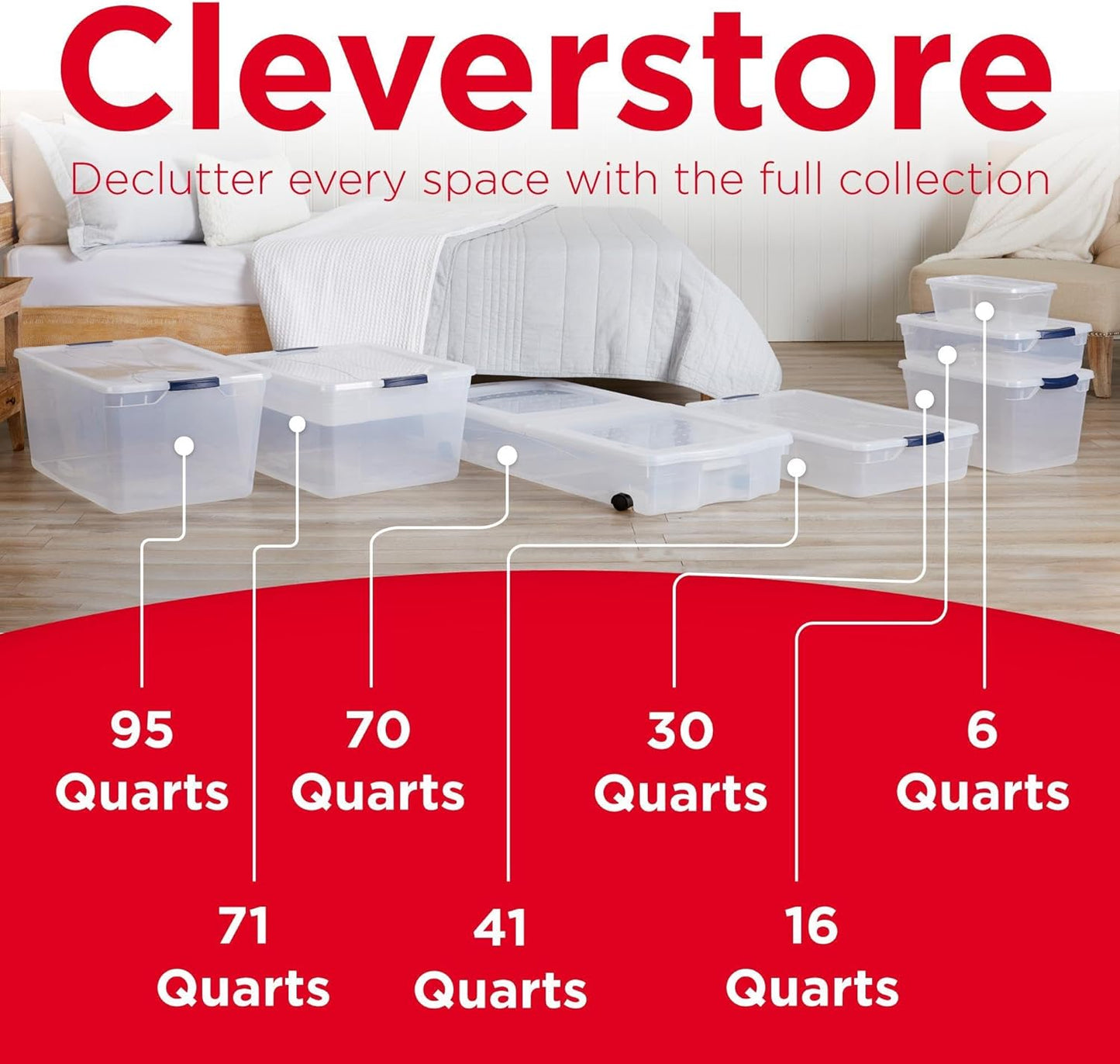 Rubbermaid Cleverstore 42 Quart Stackable Plastic Storage Bin with Lids for Garage, Closet, and Classroom, Clear, 4 Pack