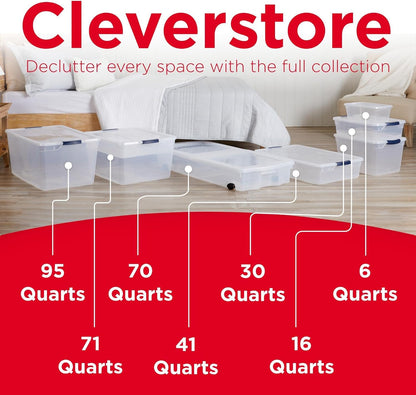 Rubbermaid Cleverstore 42 Quart Stackable Plastic Storage Bin with Lids for Garage, Closet, and Classroom, Clear, 4 Pack