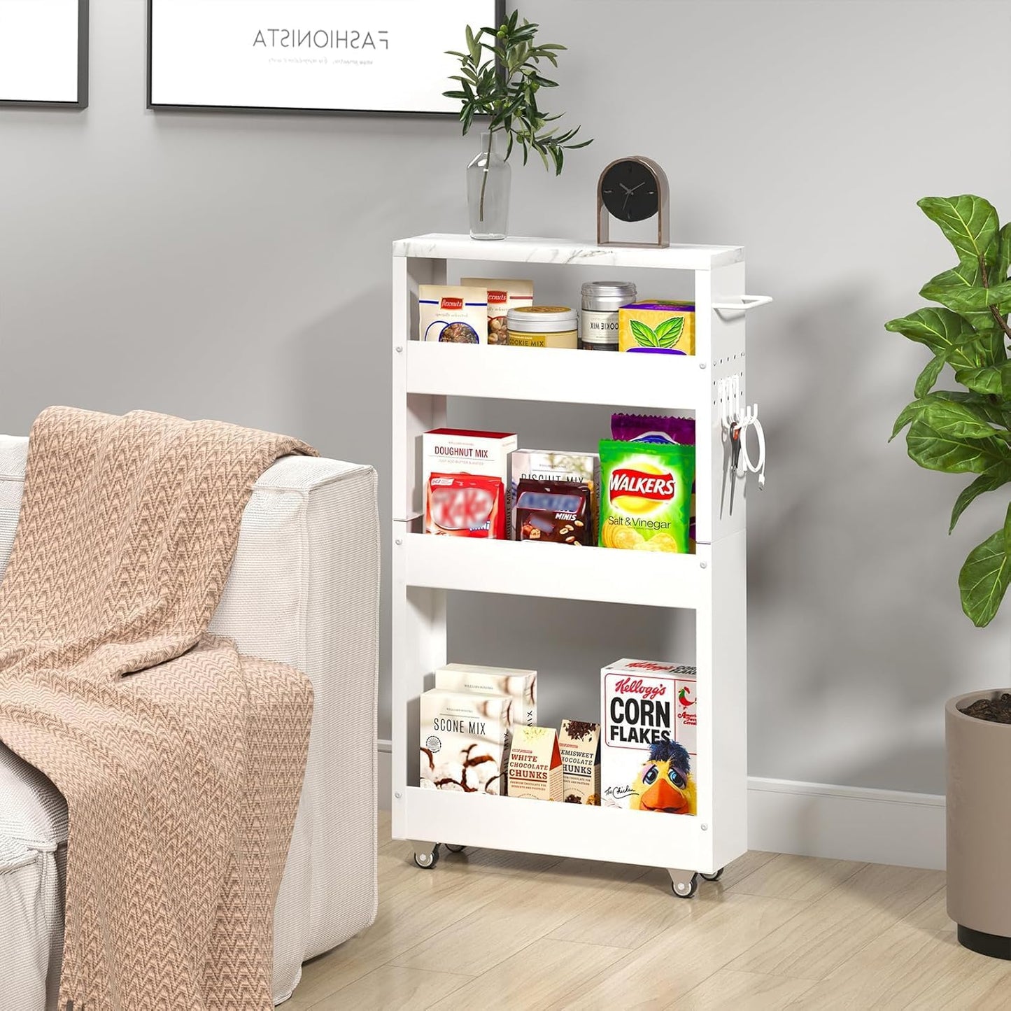 XYZLVSI Slim Storage Cart, Narrow Kitchen Rolling Cart for Small Spaces | 5.9" W skinny storage cart, 12.4" bottom metal utility cart with 360° swivel wheels for bathroom/laundry, slim shelf, white